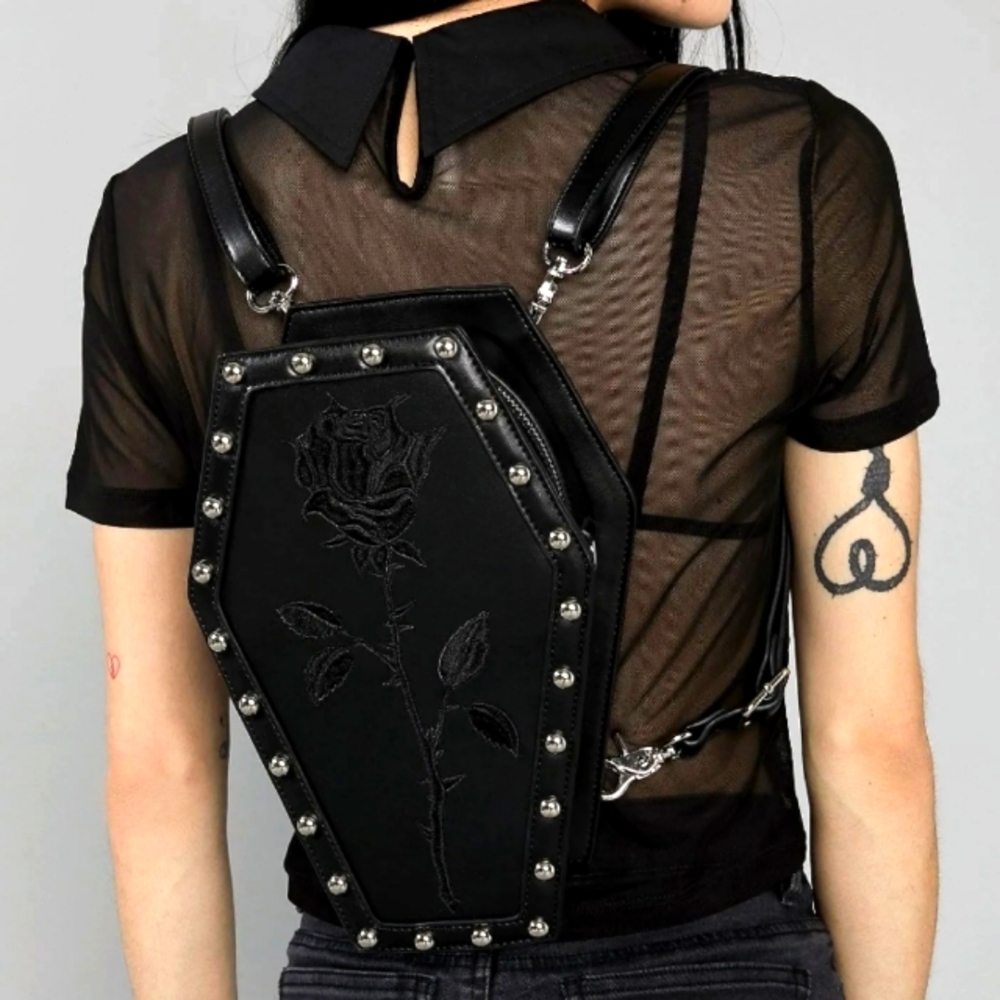 Rose Embroidered Coffin Backpack